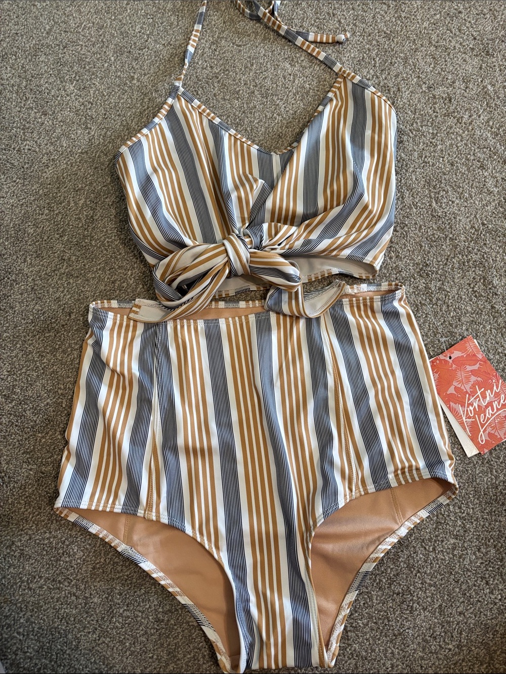 Kortni Jeane Striped tie Knot-Front Bikini in White, Tan & Black